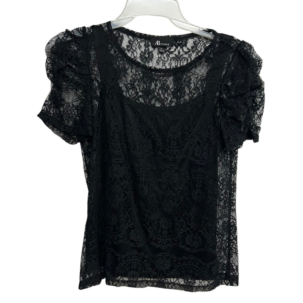 Dark Feminine Lace Blouse S Black Sheer‎ Puff Sleeve Romantic Gothic Top